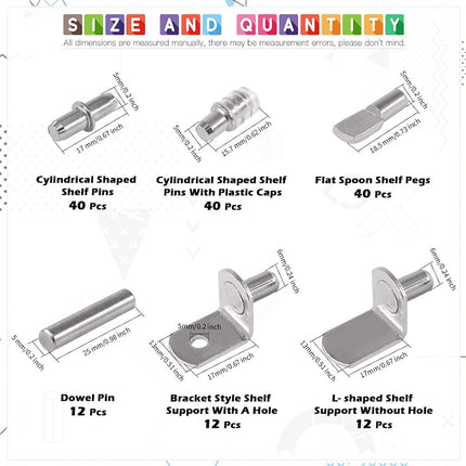 Glarks 156Pcs 6 Styles Shelf Pins Kit, Nickel Shelf Support Pegs, PVC Shelf Pins, Flat Spoon Pegs, Cylindrical Pins Holder, L-Shaped Bracket and Dowel Pins for Cabinets