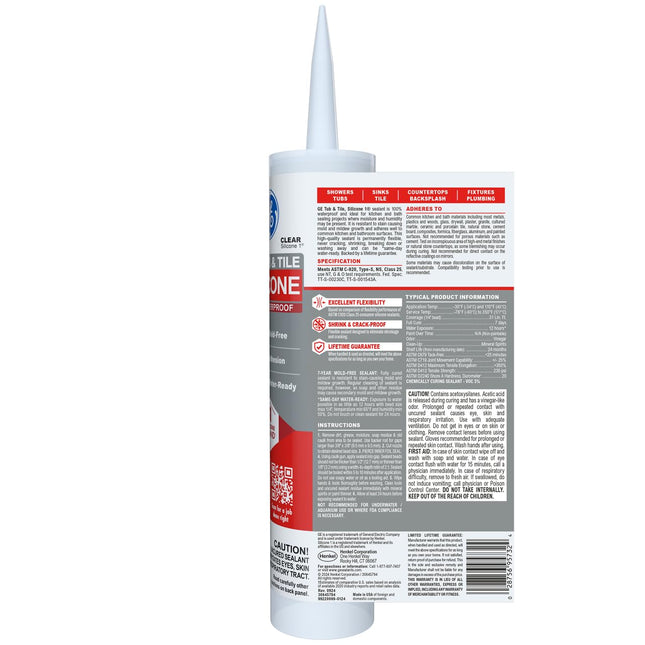 Mastic de calfeutrage en silicone GE Silicone I pour baignoires et carrelages, tube de 10,1 oz, transparent, GE612