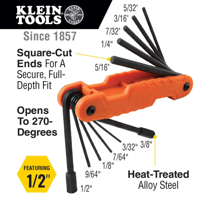 KLEIN TOOLS 70553 3-Piece Pro Folding Hex Key Set, Metric, SAE, Torx Sizes, 31 Keys, Industrial Strength Heat Treated Alloy Steel