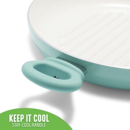 GreenLife Soft Grip Healthy Ceramic Nonstick, Sartén Grill de 28 cm con 2 Asas y Tapa, Sin PFAS, Apto para Lavavajillas, Turquesa