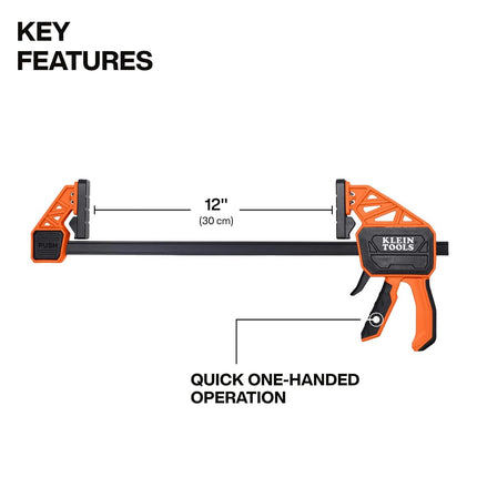 Klein Tools 47556 Bar Clamp, Speed-Klamp 12-Inch, 300-Pound Clamping Force, Clamp/Spreader, Pivoting Pads, One-Handed-Operation for Woodworking and Metal Projects