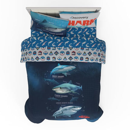 Franco Comforter and Sheet Set, Microfiber, Blue-Shark Week, 5 Piece Full Size