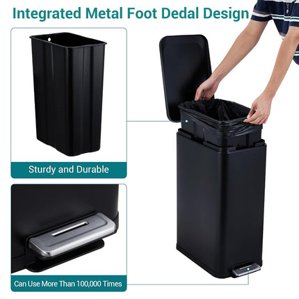 MilleLoom 13.2 Gallon / 50L Kitchen Trash Can, Slim Stainless Steel Garbage Can with Removable Inner Bucket, Fingerprint-Proof Step Rubbish Bin with Soft-Close Lid for Narrow Space, Black
