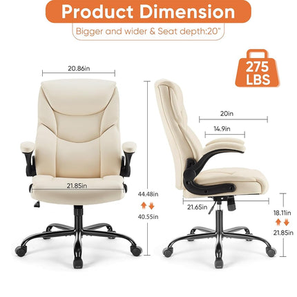 Sweetcrispy Ergonomic Office Chair Heavy Duty Task Desk Chair with Flip-up Arms, PU Leather, Adjustable Swivel Rolling Chair with Wheels, Beige