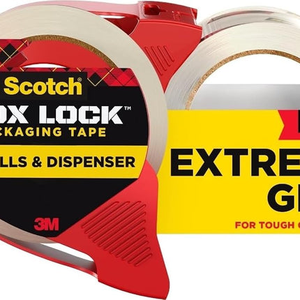 Scotch Box Lock Packaging Tape, 2 Rolls with 1 Refillable Dispenser, 1.88 in x 54.6 yd, Extreme Grip, Sticks Instantly to Any Box