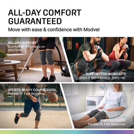 Modvel Knee Brace Compression Sleeve 2-Pack for Men & Women, Knee Support for Running, Workout & Sports, Breathable Stretch Fit for All-Day Comfort, Black, Large
