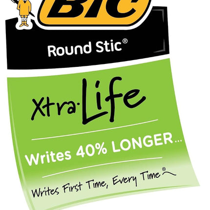 BIC Round Stic Xtra Life Ballpoint Pen, Medium Point (1.0mm), Blue, 12-Count