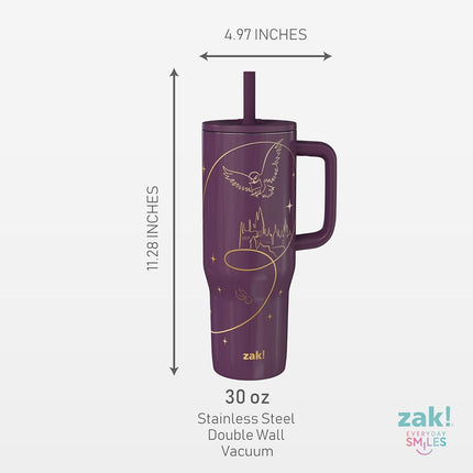 Zak Designs Harry Potter Sutton Travel Tumbler for On The Go, 30oz Stainless Steel with Vacuum Insulation, Silicone Straw, and Carry Handle for Cold Drinks (Hogwarts)