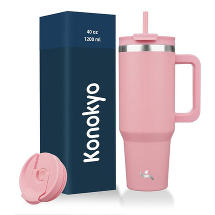 Konokyo Gobelet de 40 oz avec poignée et 2 pailles, bouteille d'eau isotherme 2 en 1 avec couvercle, tasse de voyage en acier inoxydable, rose