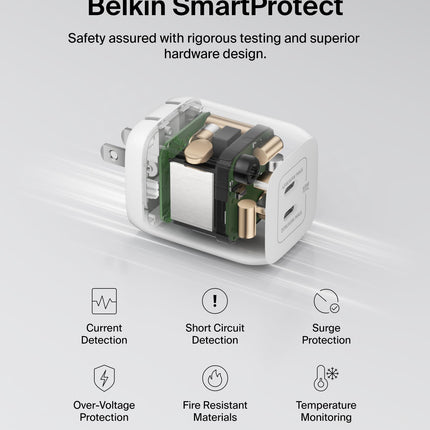 Cargador de pared Belkin BoostCharge Pro de 65W con doble USB-C GaN, cargador multipuerto con 2 puertos de carga rápida USB-C PD 3.0 para MacBook, iPhone, iPad, Galaxy, Google Pixel y más