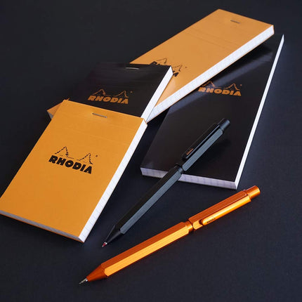 RHODIA 9340C - 3 in 1 scRipt Multipen 2 Ballpoint Pens 0.5 mm Black & Red + 1 Graphite Mechanical Pencil 0.5 mm - Hexagonal Body in Orange Brushed Aluminium - Refillable - Eraser Under the Push Button