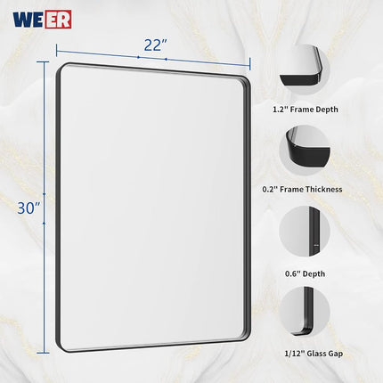 WEER Black Bathroom Mirror 22X30 Inch, Rounded Rectangle Matte Black Bathroom Vanity Mirror, Black Metal Framed Mirror for Wall, Tempered Glass, Anti-Rust, Hangs Horizontal or Vertical