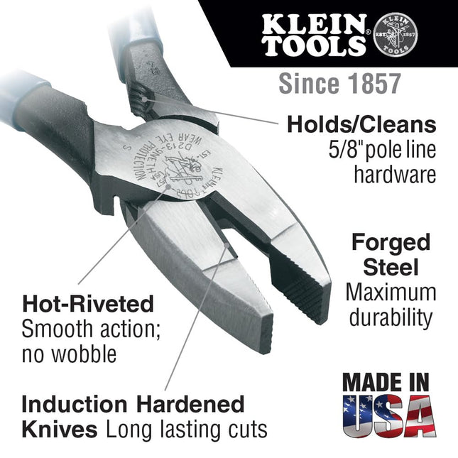 Klein Tools D213-9NETH Lineman's Bolt-Thread Holding Pliers, High-Leverage Streamline Design with Rounded Nose and Knurled Jaw, 9-Inch