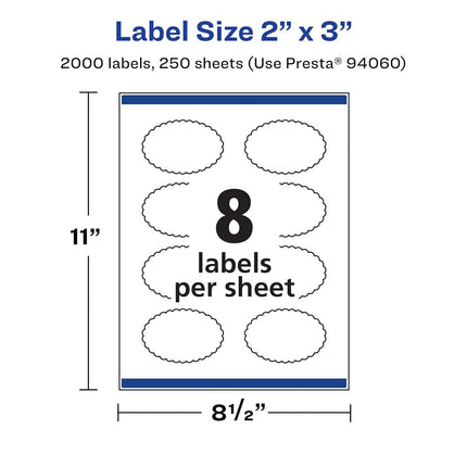 Avery Matte White Oval Scalloped Labels with Sure Feed, 2" x 3", 2,000 Matte White Printable Labels