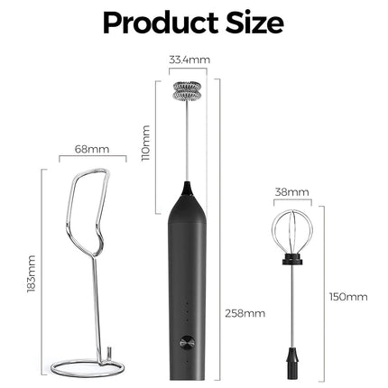 YARRAMATE Electric Milk Frother Wand with Stainless Steel Whisk and Stand, Fast Rechargeable Coffee Mixer with 3 Speeds, Handheld Drink Stirrer, Whisk Foam Maker for Lattes, Cappuccino, Matcha (Black)