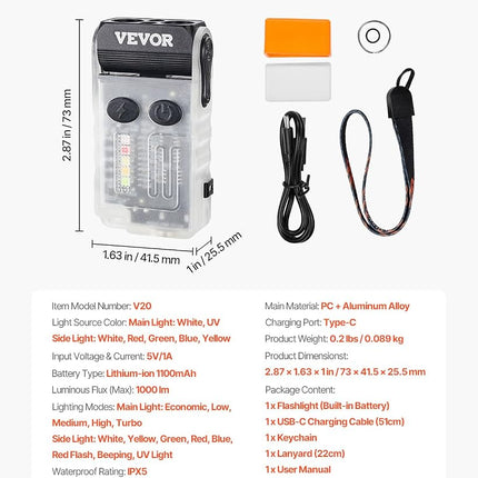 VEVOR Rechargeable Keychain Flashlight, Mini LED Flashlight with 13 Lighting Modes, Portable Pocket Flashlight with Clip, Magnetic Tail & 180° Rotating Head for Everyday Carry, Camping, Emergencies