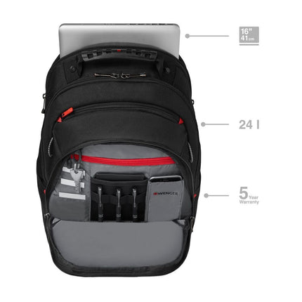 Wenger Legacy 16" Laptop Backpack, TripleProtect Padded Compartment, Airflow Back Panel, Comfort‑Fit Straps, CaseBase Stabilizing Platform, Black/Grey