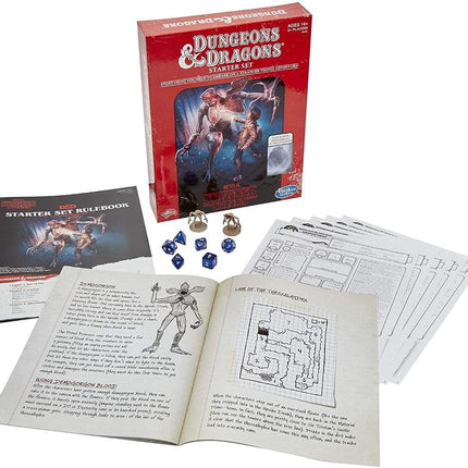 Hasbro E3702 DUNGEONS & DRAGONS - NETFLIX - Stranger Things - Juego de rol - Set de inicio - 2 figuras exclusivas - 3+ jugadores - Wizards of the Coast - A partir de 14 años, Rojo, Marrón, Blanco