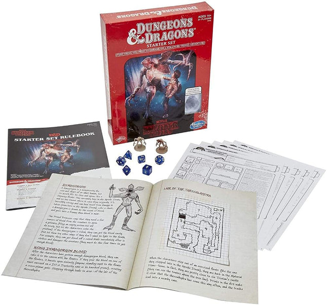 Hasbro E3702 DUNGEONS & DRAGONS - NETFLIX - Stranger Things - Juego de rol - Set de inicio - 2 figuras exclusivas - 3+ jugadores - Wizards of the Coast - A partir de 14 años, Rojo, Marrón, Blanco