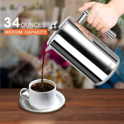 Secura Stainless Steel French Press Coffee Maker 18/10 Bonus Stainless Steel Screen (1000ML), Silver