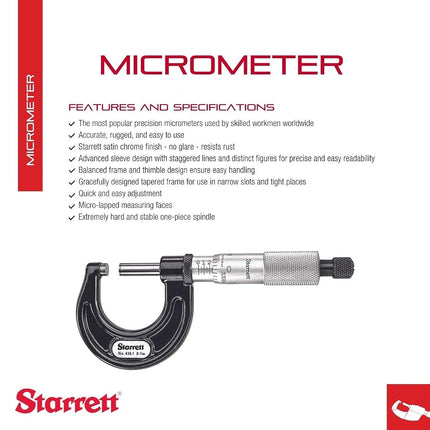 Starrett 436.1XRL-1 Outside Micrometre, Ratchet Stop, Lock Nut, Carbide Faces, 0-1" Range, 0.001" Graduation