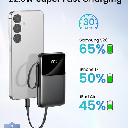 Power Bank, 15000mAh Portable Charger with Built in Cable, 22.5W Fast Charging, 6 Outputs, Slim Travel Essential Battery Pack with LED Display, Compatible with iPhone 17/16/15/14/13, iPad Black