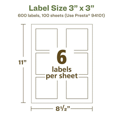 Avery EcoFriendly Matte White Recycled Square Labels, 3" x 3", Print-to-The-Edge, Matte White Labels, Permanent Adhesive, Laser/Inkjet Printable, 600 Total