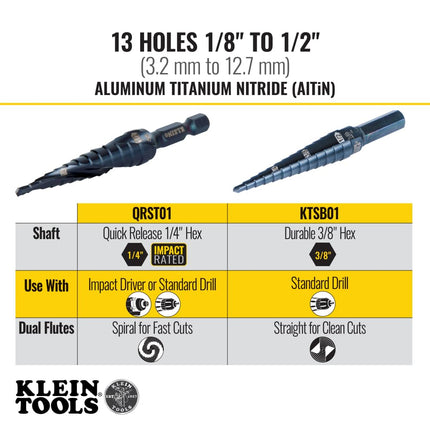 Klein Tools QRST01 Step Drill Bit, Quick Release Spiral Double-Fluted, 1/8 to 1/2-Inch, Hex Shank, Cut Steel, Wood, Plastic, Aluminum