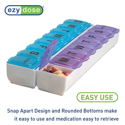 EZY DOSE Weekly (14-Day) Pill Organizer, Vitamin and Medicine Box, Large Snap Compartments, Easy-To-Open, BPA Free, Blue and Purple