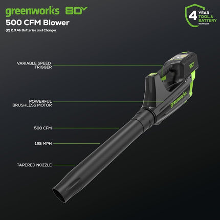 Greenworks 80V 21� Brushless (Push) Cordless Electric Lawn Mower + (500 CFM) Axial Leaf Blower + 13� String Trimmer (75+ Compatible Tools), (2) 2.0Ah Batteries and 30 Minute Rapid Charger