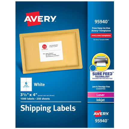 Avery Printable Shipping Labels with Sure Feed, 3-1/3" x 4", White, 1,500 Blank Mailing Labels (95940)