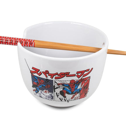 Silver Buffalo Marvel Spider-Man Japanese Manga Comic Panels Ceramic Ramen Noodle Rice Bowl with Chopsticks, Microwave Safe, 20 Ounces