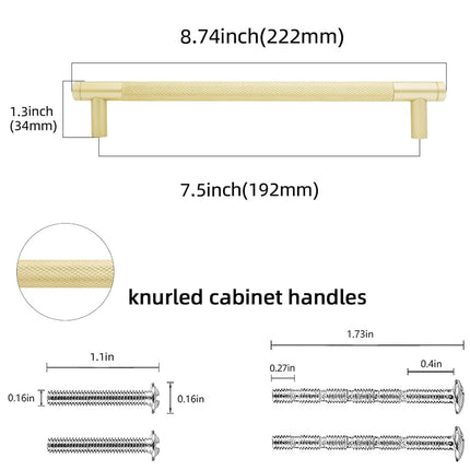 POVEFONK 10 Pack 7-1/2 inch(192mm) Brushed Brass Kitchen Cabinet Handles Knurled Cabinet Pulls Gold Drawer Pulls Kitchen Hardware