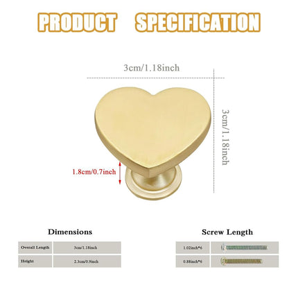YYMSEN 6 Pcs Brass Heart-Shaped Gold Cabinet Knobs, Suitable for Bathroom & Kitchen Drawer Pulls