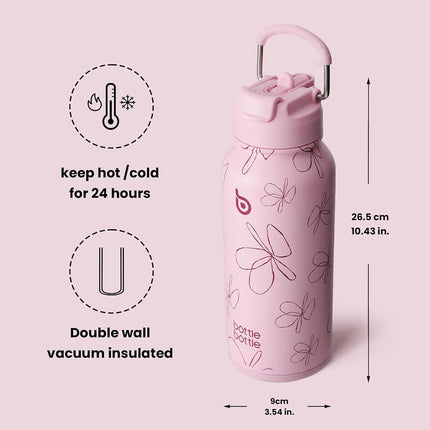 BOTTLE BOTTLE 32 oz Insulated Water Bottle Stainless Steel Sport Water Bottle with Straw Dual-use Lid Design for Gym with Pill Box (pink flower)