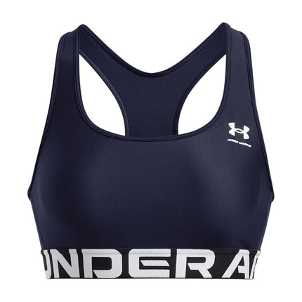 Under Armour Women's Heat Gear Mid Branded, Medium-Support Sports Bra with 4-Way Stretch Material, Gym Bra with Double-Lined Coverage,Midnight Navy / / White,SM