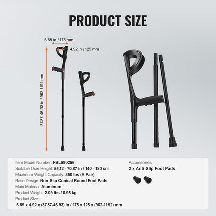 VEVOR Forearm Crutches for Adults, 10-Level Height Adjustable Walking Forearm Crutches, Aluminum Folding Medical Crutches with Open Cuff & Non-Slip Pad for Leg Injury Surgery Disabled, 1 Pair (159 KG)
