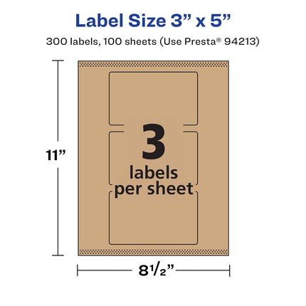 Avery Kraft Brown Rectangle Labels with Sure Feed, 3" x 5", 300 Kraft Brown Labels, Print-to-The-Edge, Laser/Inkjet Printable Labels