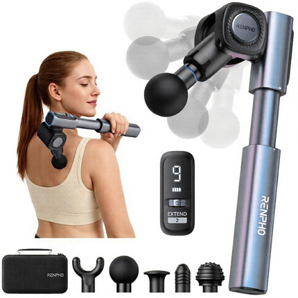 RENPHO Pistola de Masaje con Cabezal y Mango Ajustables, Masajeador Muscular de Percusión Portátil para Masaje de Tejido Profundo, Extend 2 con Estuche de Transporte Portátil, Atletas