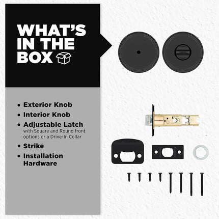 Kwikset Maven Pomo de puerta interior con cierre de privacidad, pomo redondo para baño y dormitorio, pomo sin llave con giro de bloqueo en color negro mate, con protección Microban