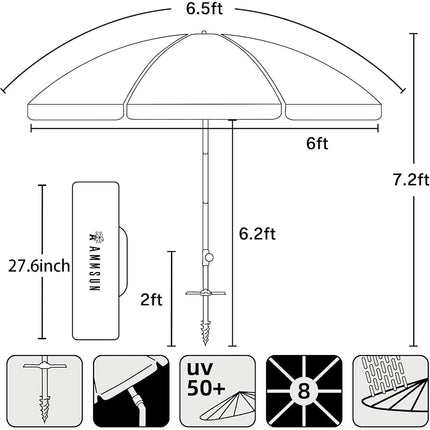 AMMSUN 6.5ft twice folded Portable beach umbrella with sand anchor windproof,Push Button Tilt and Air vent UV 50+ Protection Fits in a large Suitcase for Patio Garden Beach Pool Backyard Blue