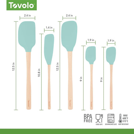 Tovolo Silicone Spatula with Wooden Handle Set of 5 Piece Silicone Kitchen Utensil Set Spoonula Jar Scraper Mini Spatula and Spoonula for Cooking Baking Mixing Folding Aqua Seafoam Green