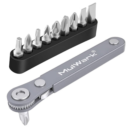 MULWARK 11pc 1/4 Mini Ratchet Wrench Close Quarters Pocket Screwdriver Set with High Torque & Low Profile- Micro Right Angle EDC Tool with 90 Degree Mini Offset Reversible Drive Handle& Multi Hex Bit