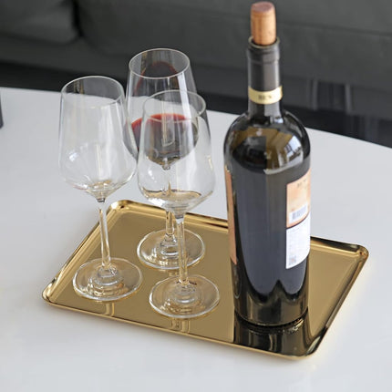 FREELOVE Gold Serving Tray, Stainless Steel Platter Bathroom Sink Vanity Trays Cosmetics Jewelry Organizer Towel Tray Tea Tray Decorative Tray (Gold, Rectangle 12'' by 7.9'')