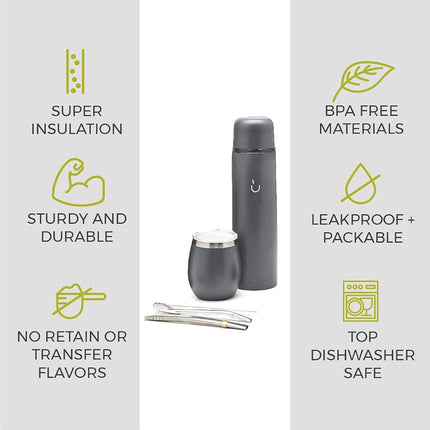 BALIBETOV Complete Yerba Mate Set - Modern Mate Gourd, Thermos, Bombilla and Cleaning Brush Included - All Premium Quality 304 18/8 Stainless Steel (Gray)