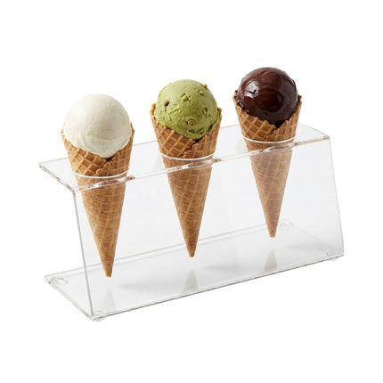 Restaurantware Clear Tek 7.1 x 2.8 x 3.2 Ice Cream Cone Holder 1 Premium Popcorn Cone Holder - Cones are Sold Separately 3 Holes Clear Acrylic Cone Stand Display Candy Or French Fries
