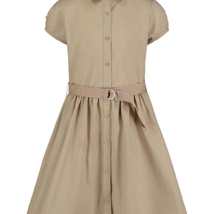 Nautica Girls' School Uniform Short Sleeve Shirtdress, Khaki, 8