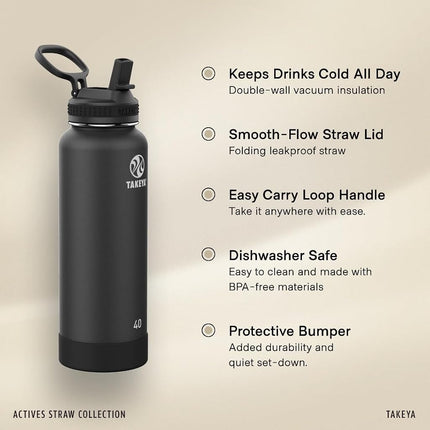 Takeya Actives Water Bottle with Straw Lid - Durable & Easy Care Water Bottle with Stainless Steel Insulation - BPA Free Lid with Carry Handle and Straw