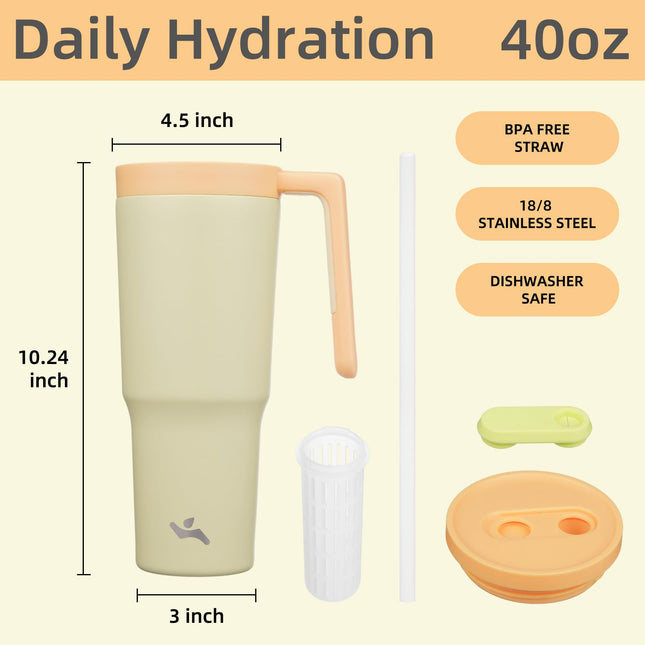 Vaso térmico Konokyo con asa y pajita, botella de agua de acero inoxidable al vacío de 40 oz, taza de viaje de metal con difusor de fruta, limón