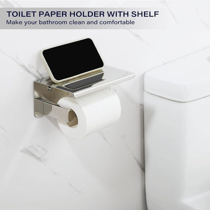 Alise Toilet Paper Holder with Shelf,Toilet Paper Roll Holder Wall Mount Bathroom Toilet Wall Paper Storage Tissue Roll Holder Self Adhesive or Drilling,SUS304 Stainless Steel Polished Chrome